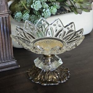 Vintage Crystal Compote‎ or Candy Dish with a Brass Silver Plated Pedestal Base